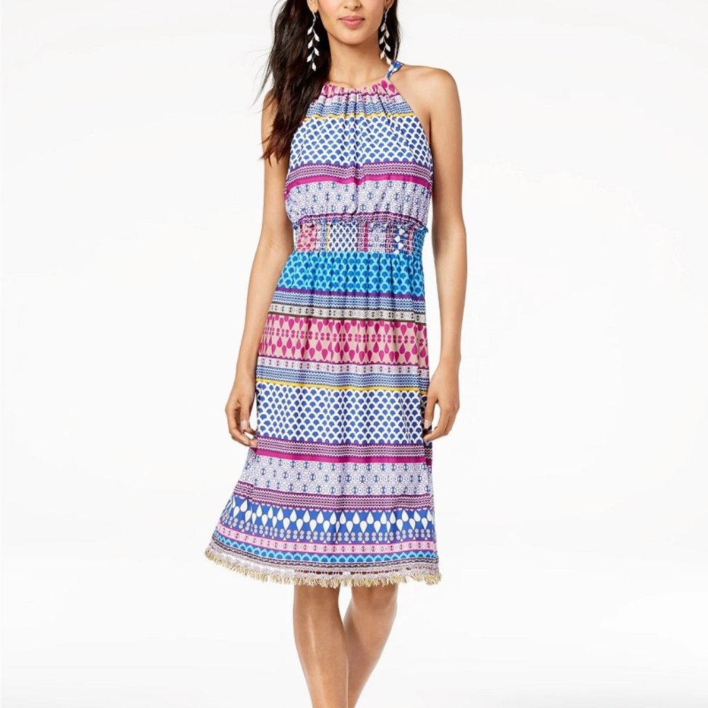 Trina Turk Midi Multi Color Smocked-Waist Brooke Halter Dress Medium $288